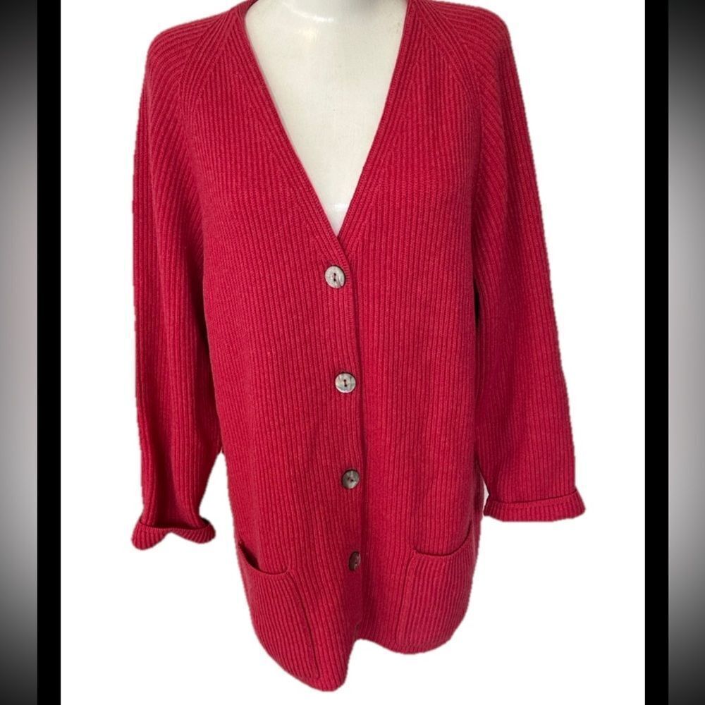 Manrico Cashmere Red Ribbed Front Button Relaxed Fit Sweater 42